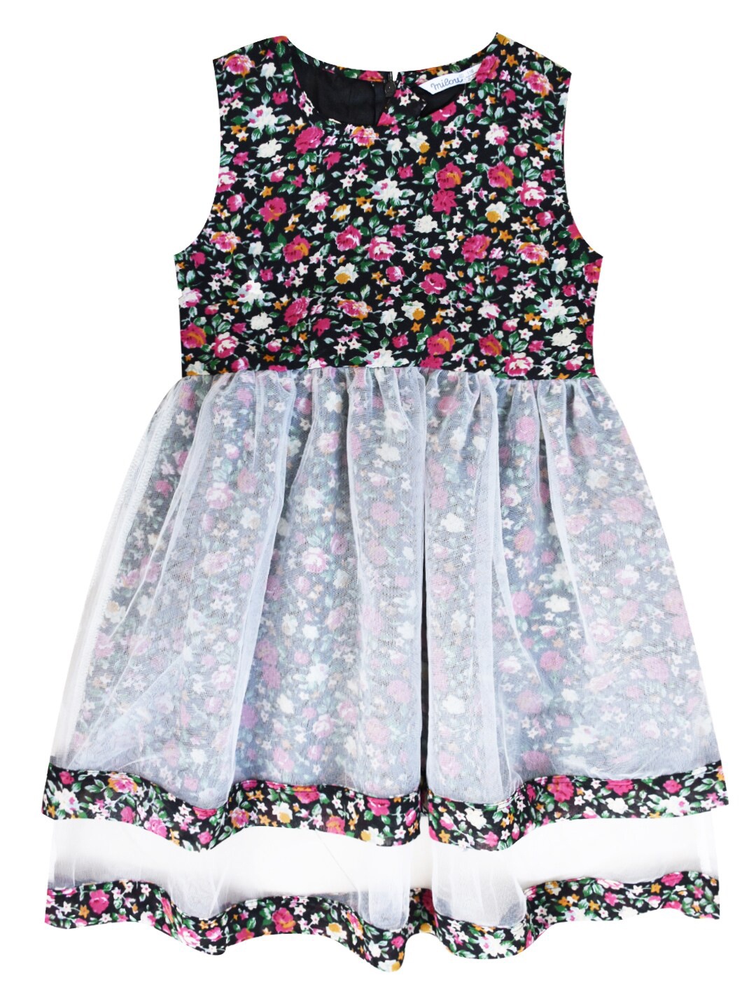 

milou Girls Round Neck Square Neck Floral Printed Fit & Flare Dress, Black