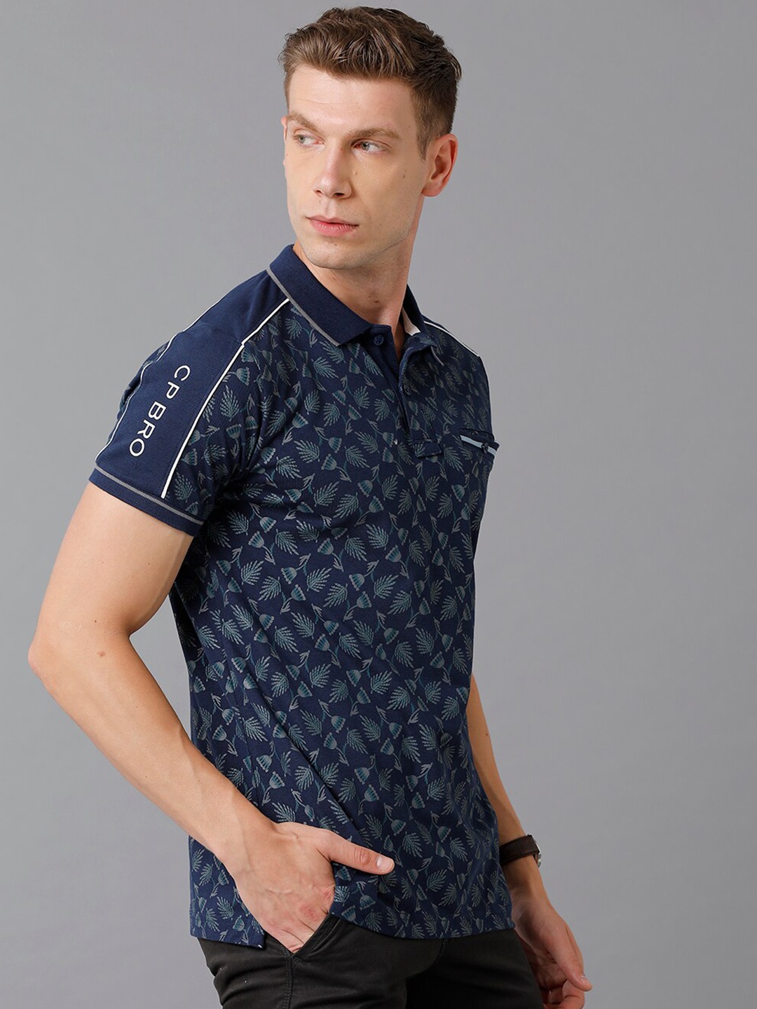 

CP BRO Floral Printed Polo Collar Cotton T-shirt, Navy blue