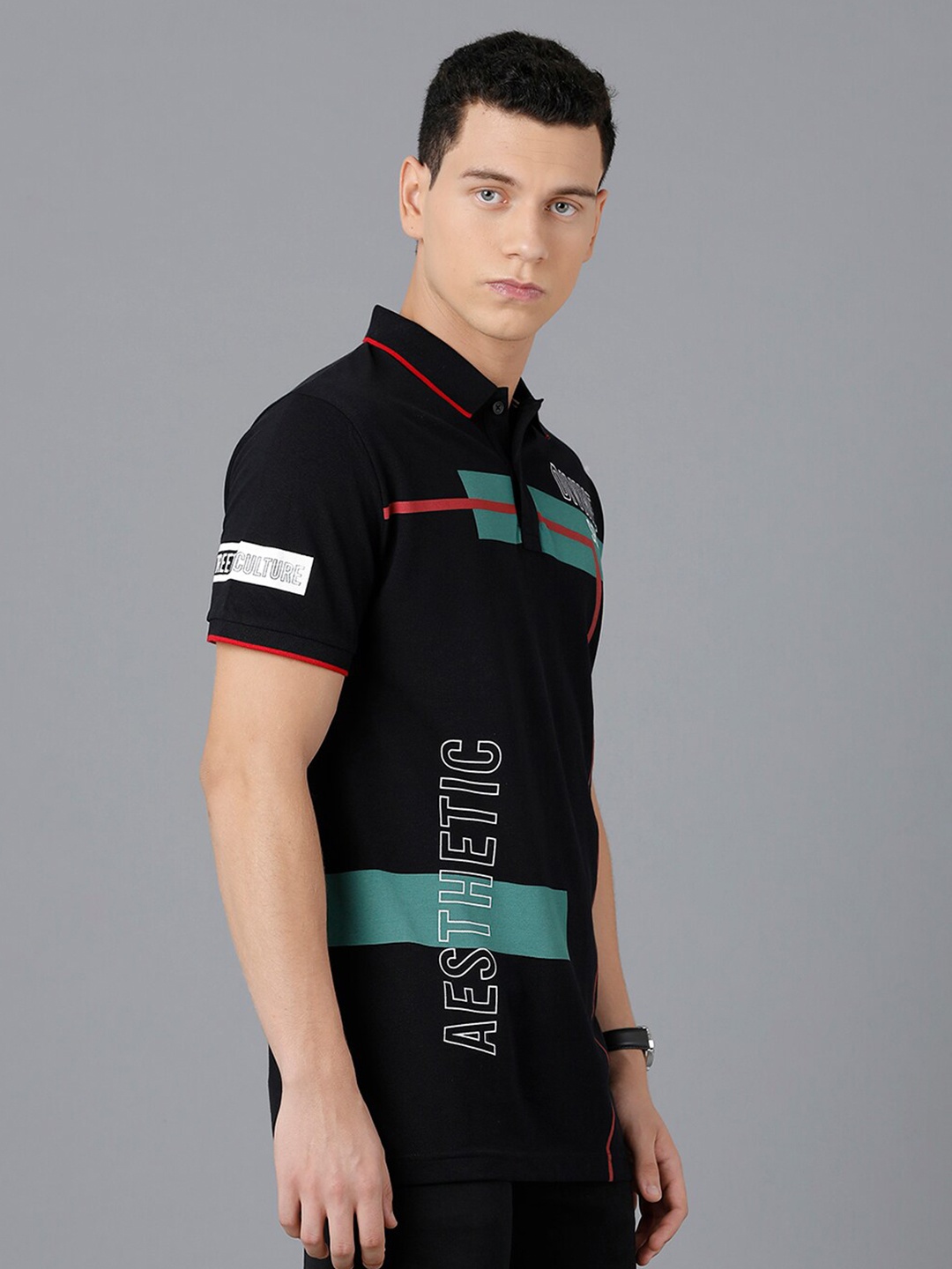 

CP BRO Typography Printed Polo Collar Cotton Slim Fit T-shirt, Black