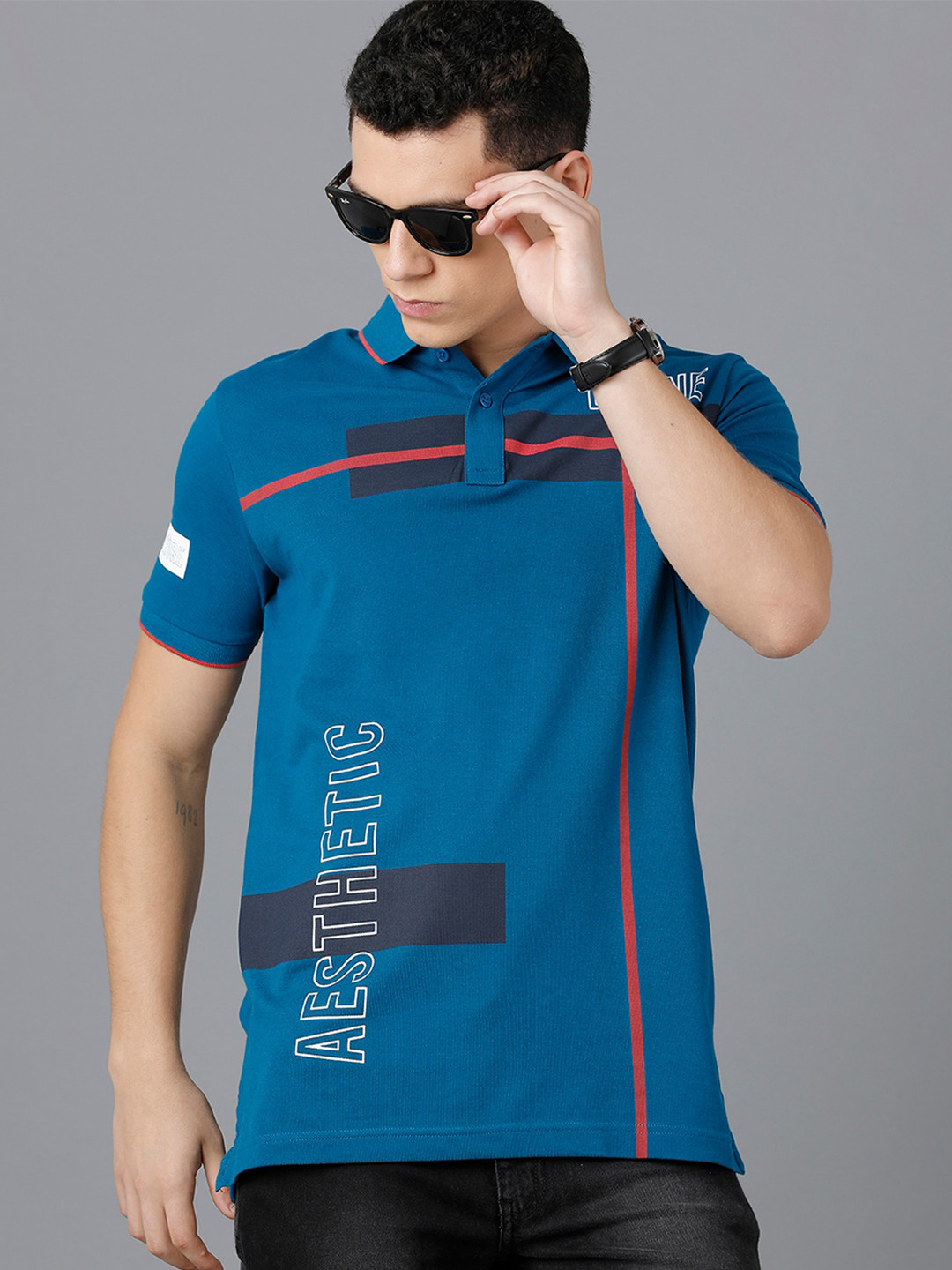 

CP BRO Typography Printed Polo Collar Cotton T-shirt, Blue