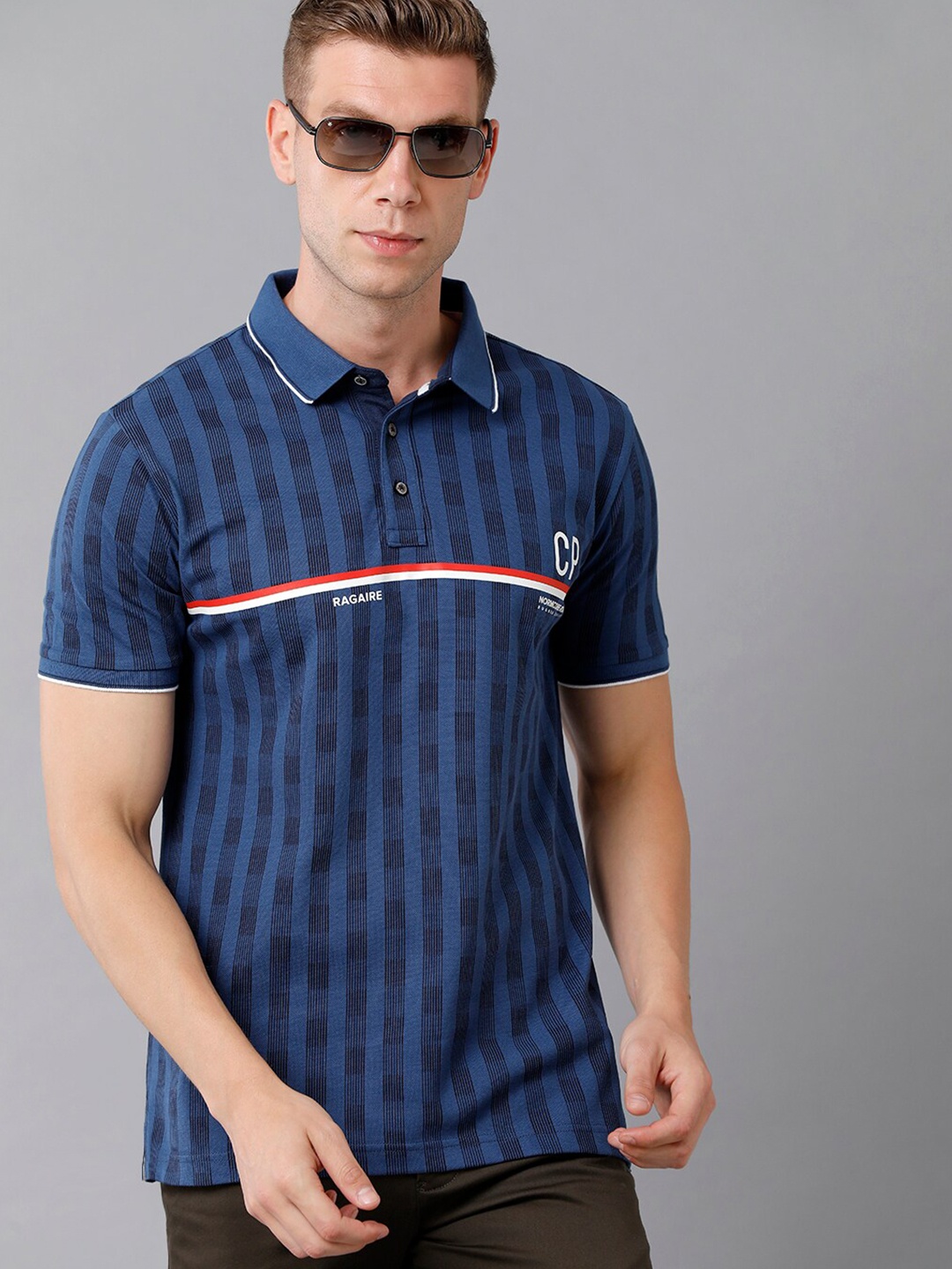 

Classic Polo Men Slim Fit Polo Collar Striped Cotton T-shirt, Blue