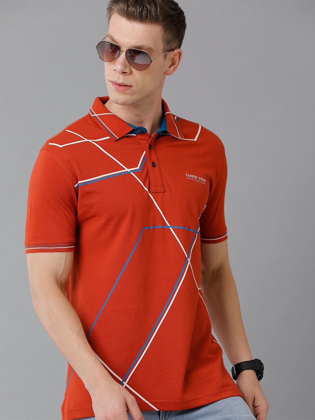 

Classic Polo Geometric Printed Polo Collar Cotton Slim Fit T-shirt, Red