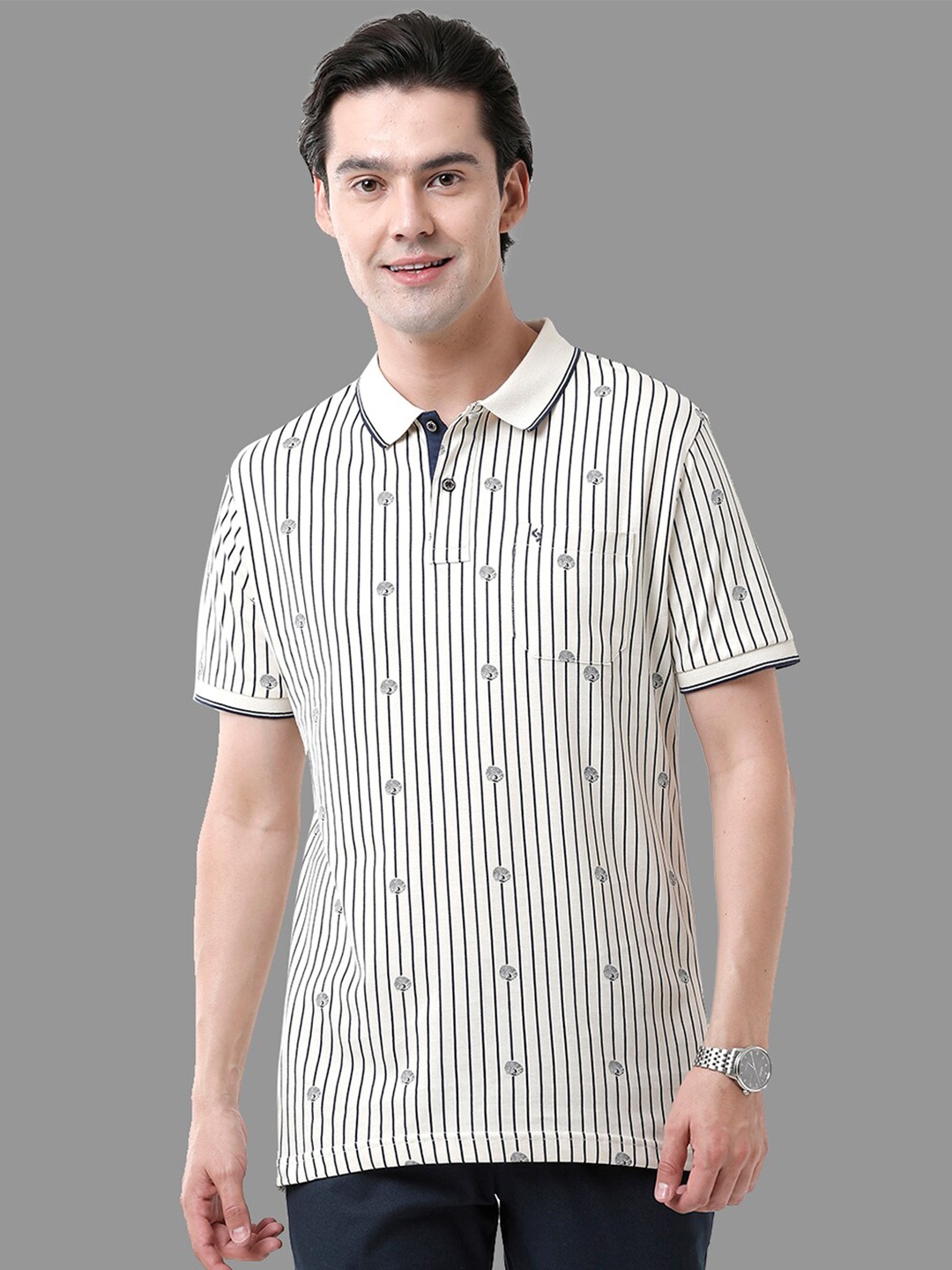 

Classic Polo Slim Fit Striped Polo Collar Cotton T-Shirt, Cream