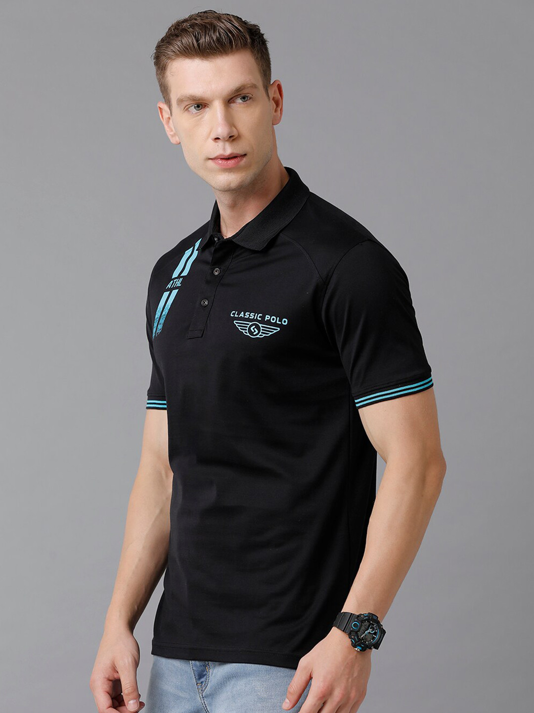 

Classic Polo Typography Printed Polo Collar Cotton T-shirt, Black