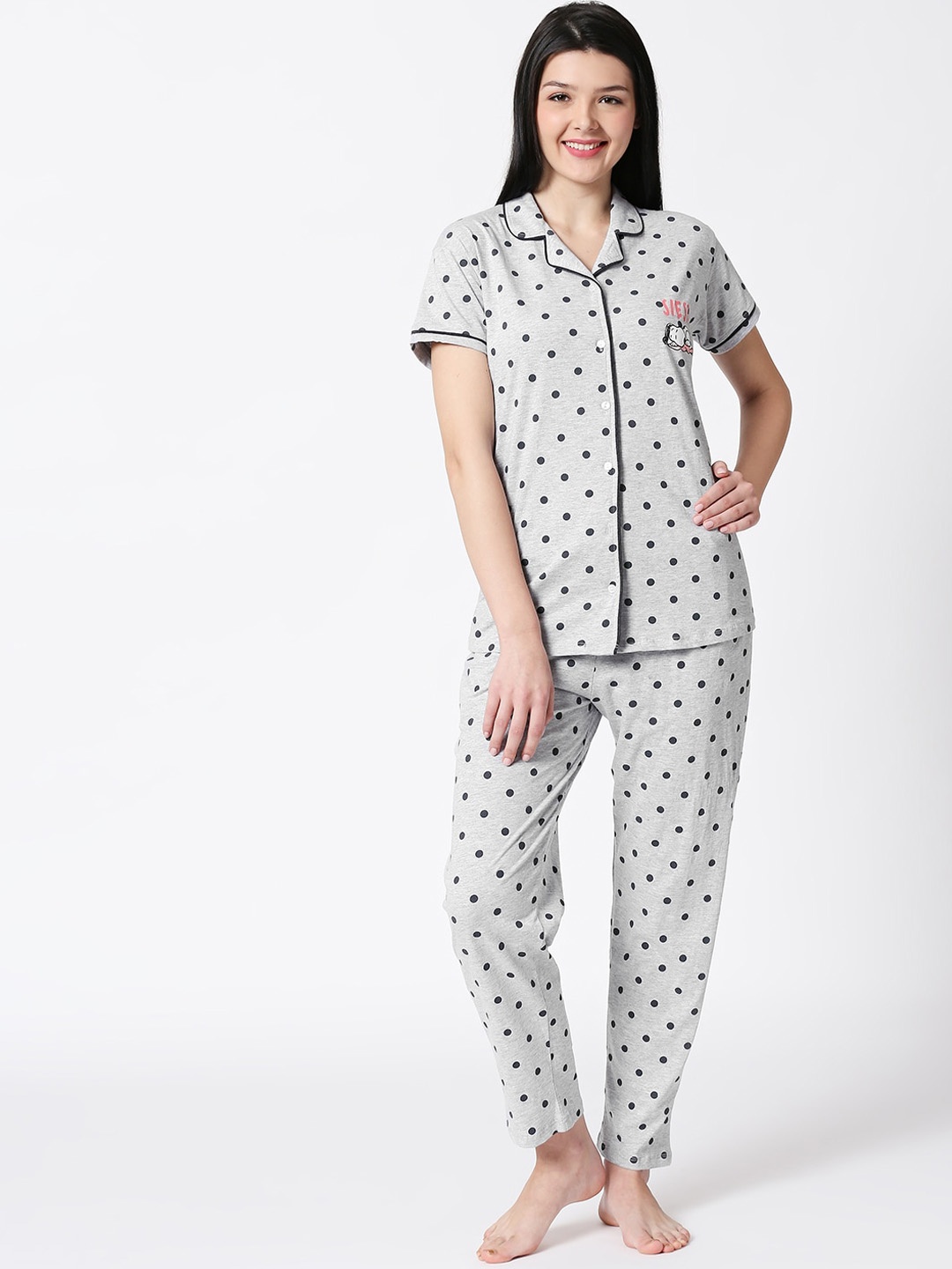 

I like me Polka Dots Printed Pure Cotton Night Suit, Grey