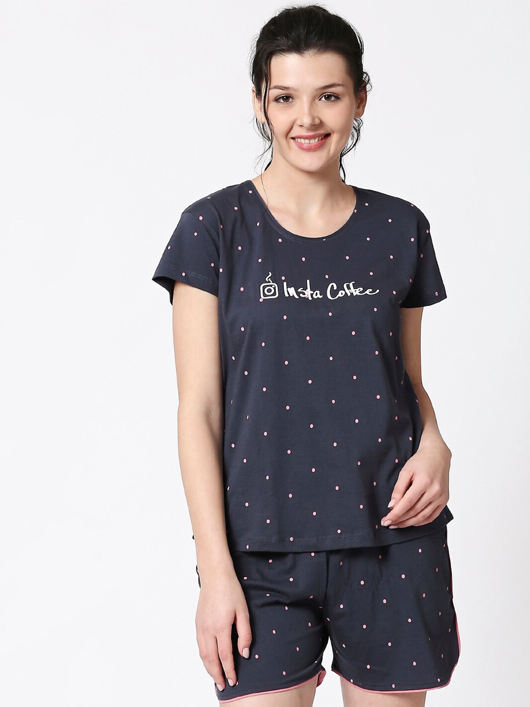 

I like me Polka Dots Printed Pure Cotton Night Suit, Navy blue