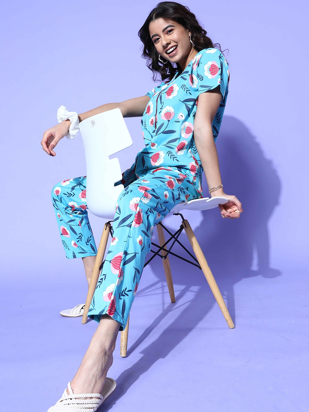 

I like me Floral Printed Pure Cotton Night Suit, Blue