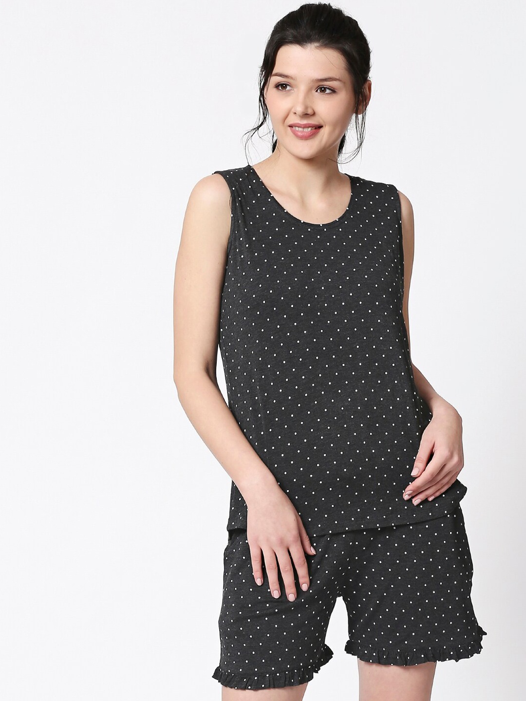 

I like me Polka Dots Printed Night Suit, Black
