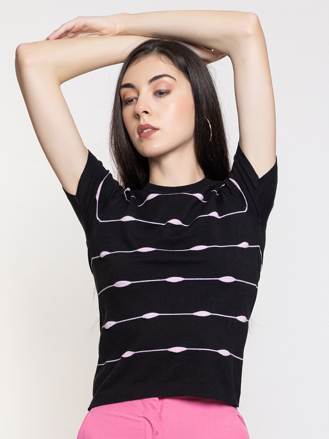 

ARMISTO Bubble Knit Striped Cotton Top, Black