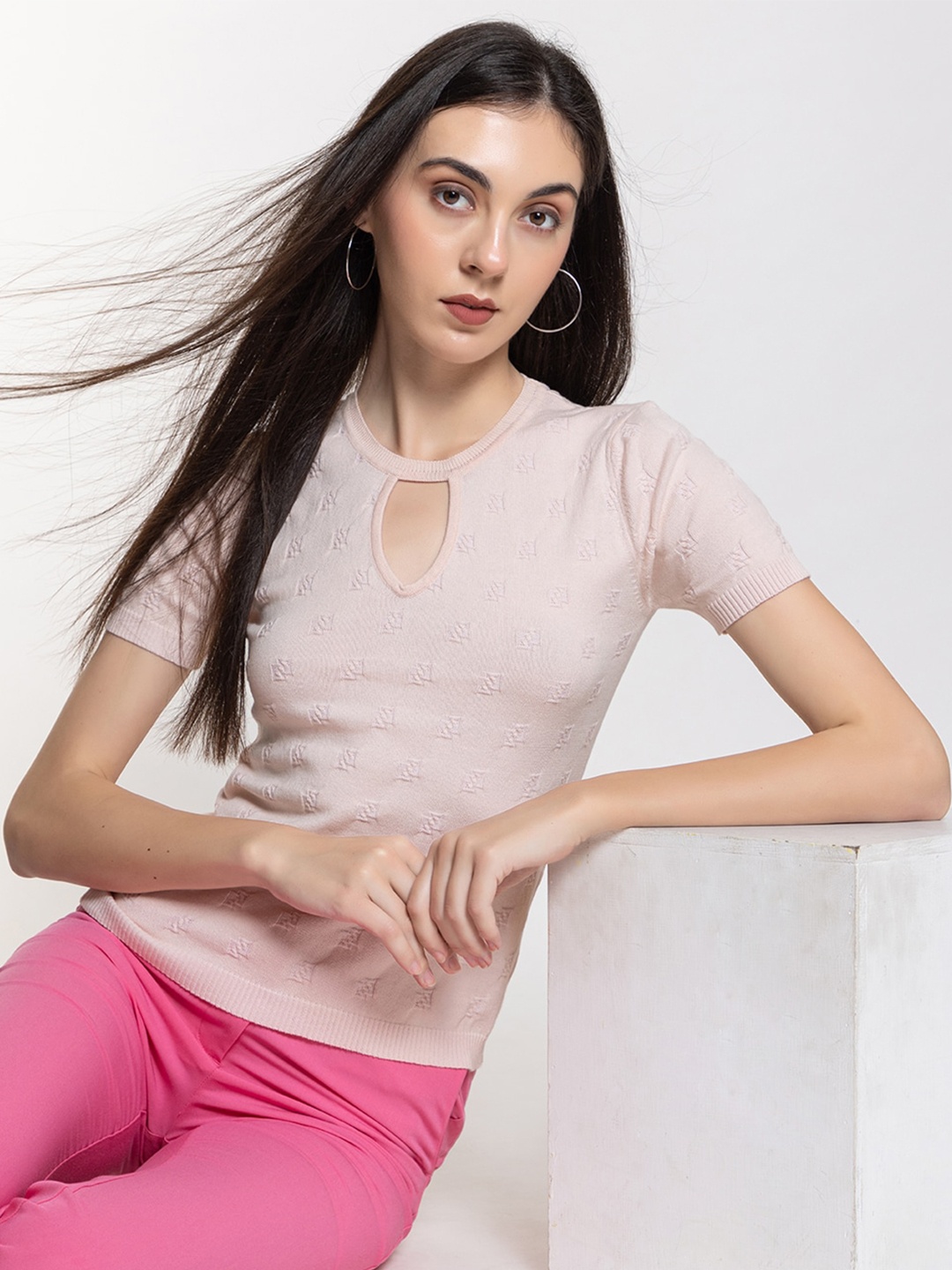 

ARMISTO Self Design Cut Out Fitted Cotton Top, Pink