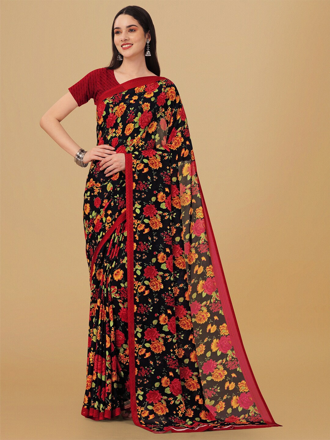 

Ambuja International Floral Printed Pure Georgette Saree, Black