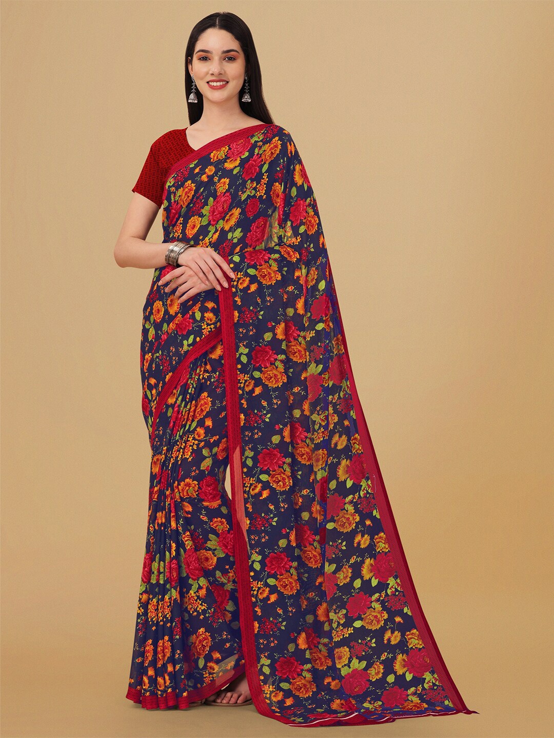 

Ambuja International Floral Printed Pure Georgette Saree, Navy blue