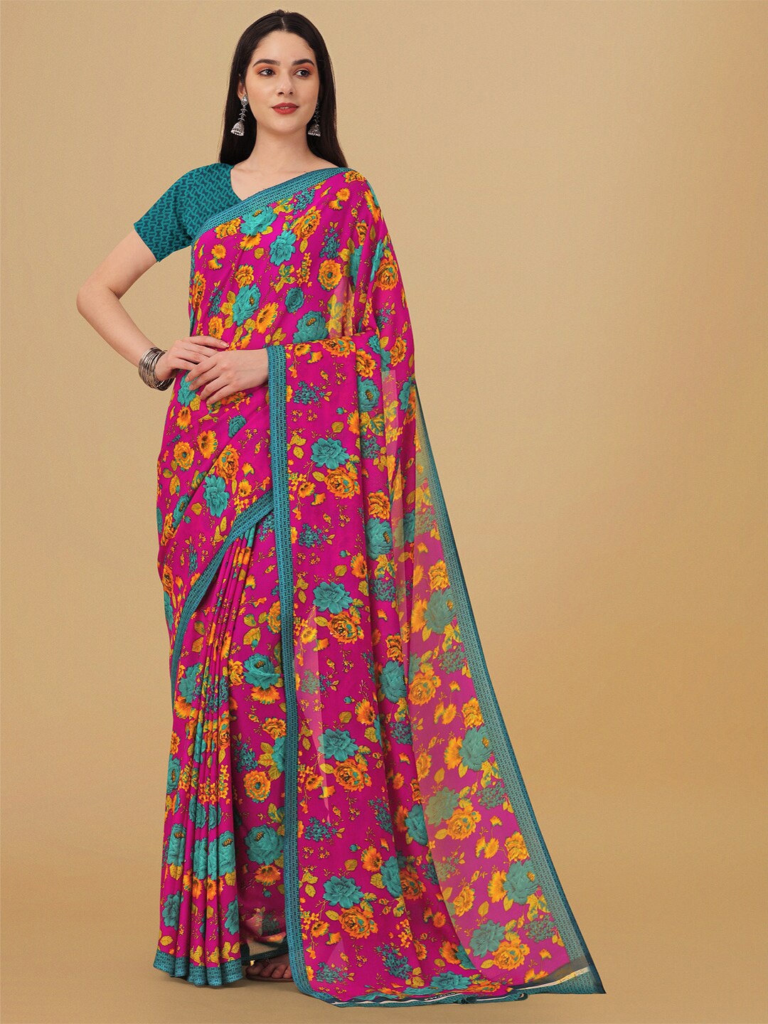 Ambuja International Floral Printed Pure Georgette Saree, Pink