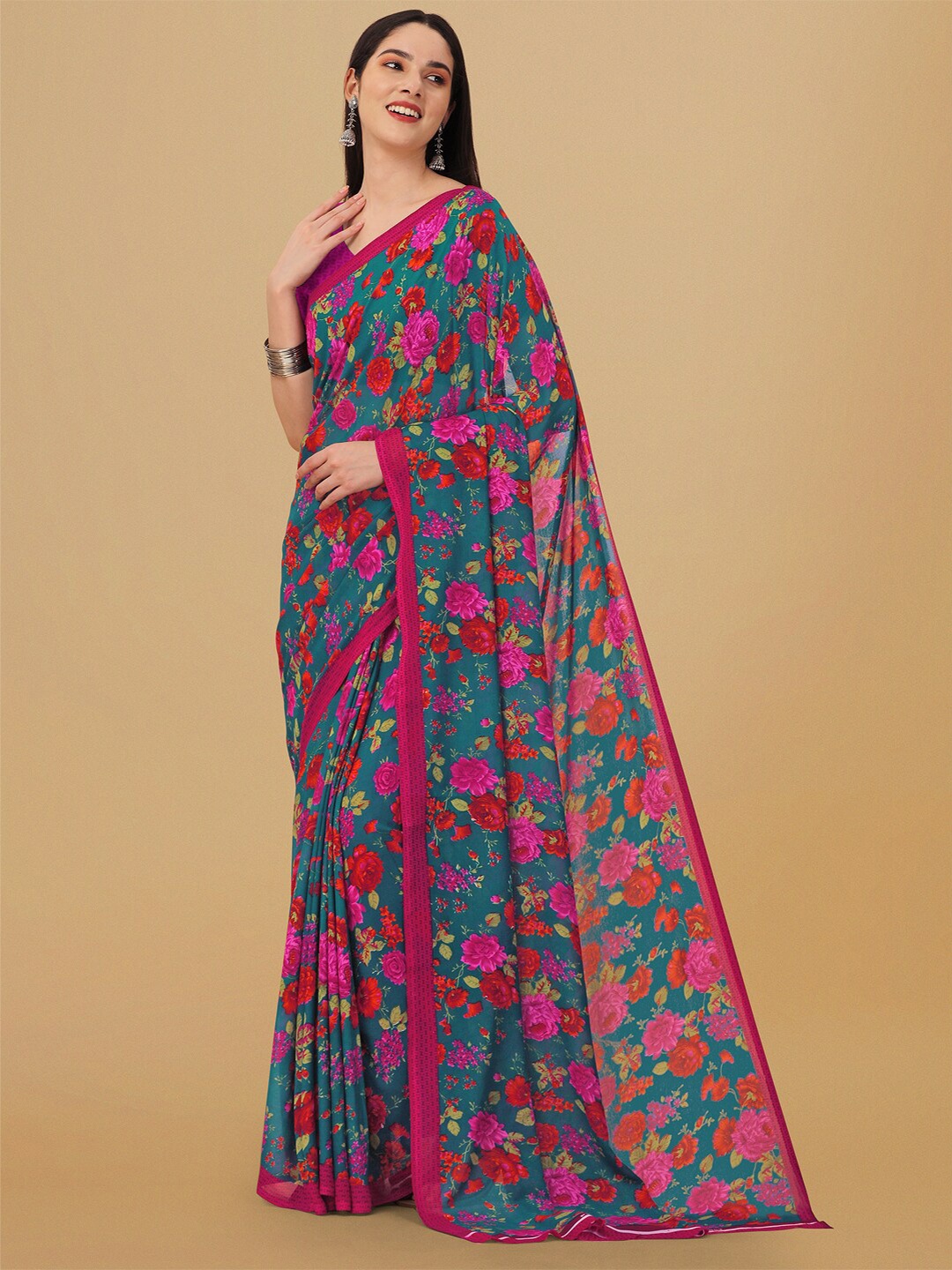 

Ambuja International Floral Printed Pure Georgette Saree, Teal