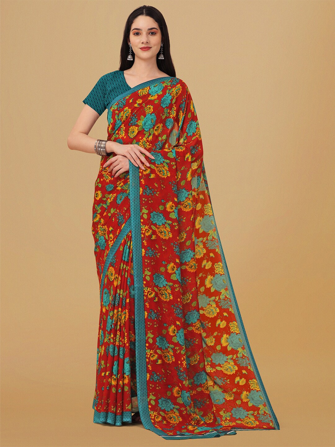 

Ambuja International Floral Printed Pure Georgette Saree, Red