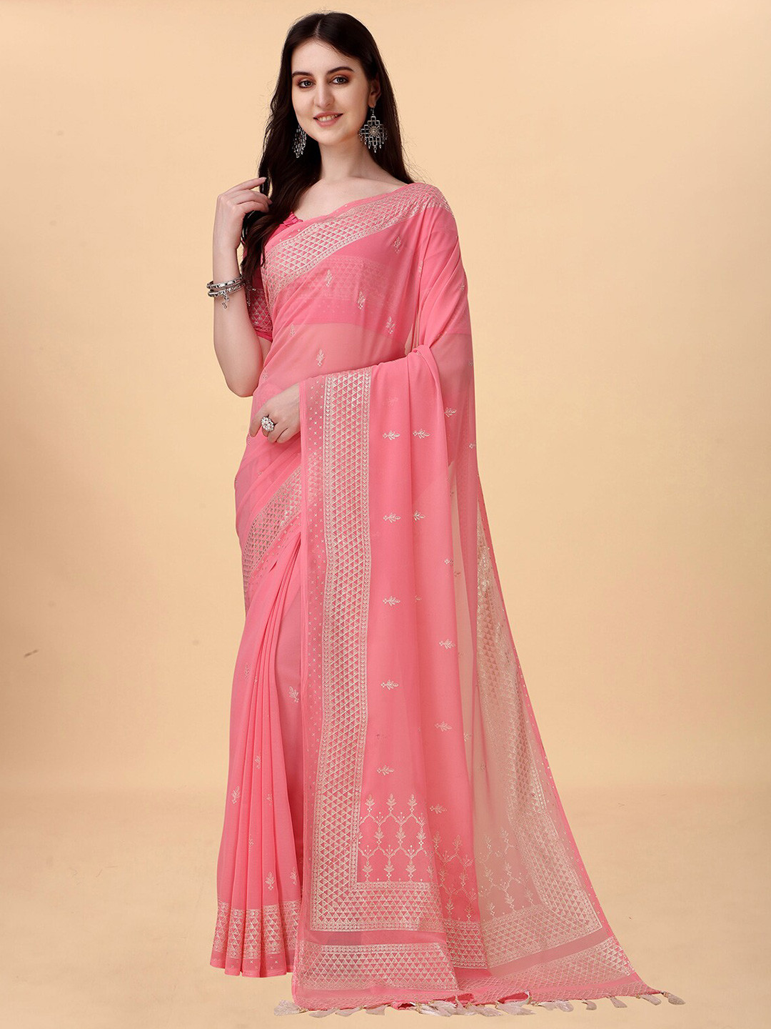 

Anjaneya Sarees Ethnic Motifs Printed Saree, Pink
