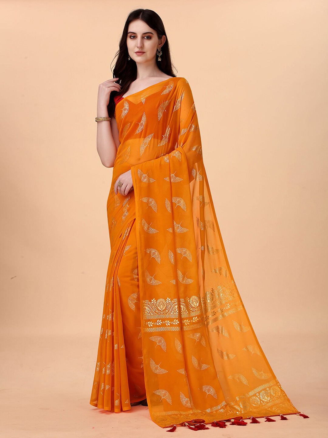 

Anjaneya Sarees Ethnic Motifs Silk Blend Saree, Yellow