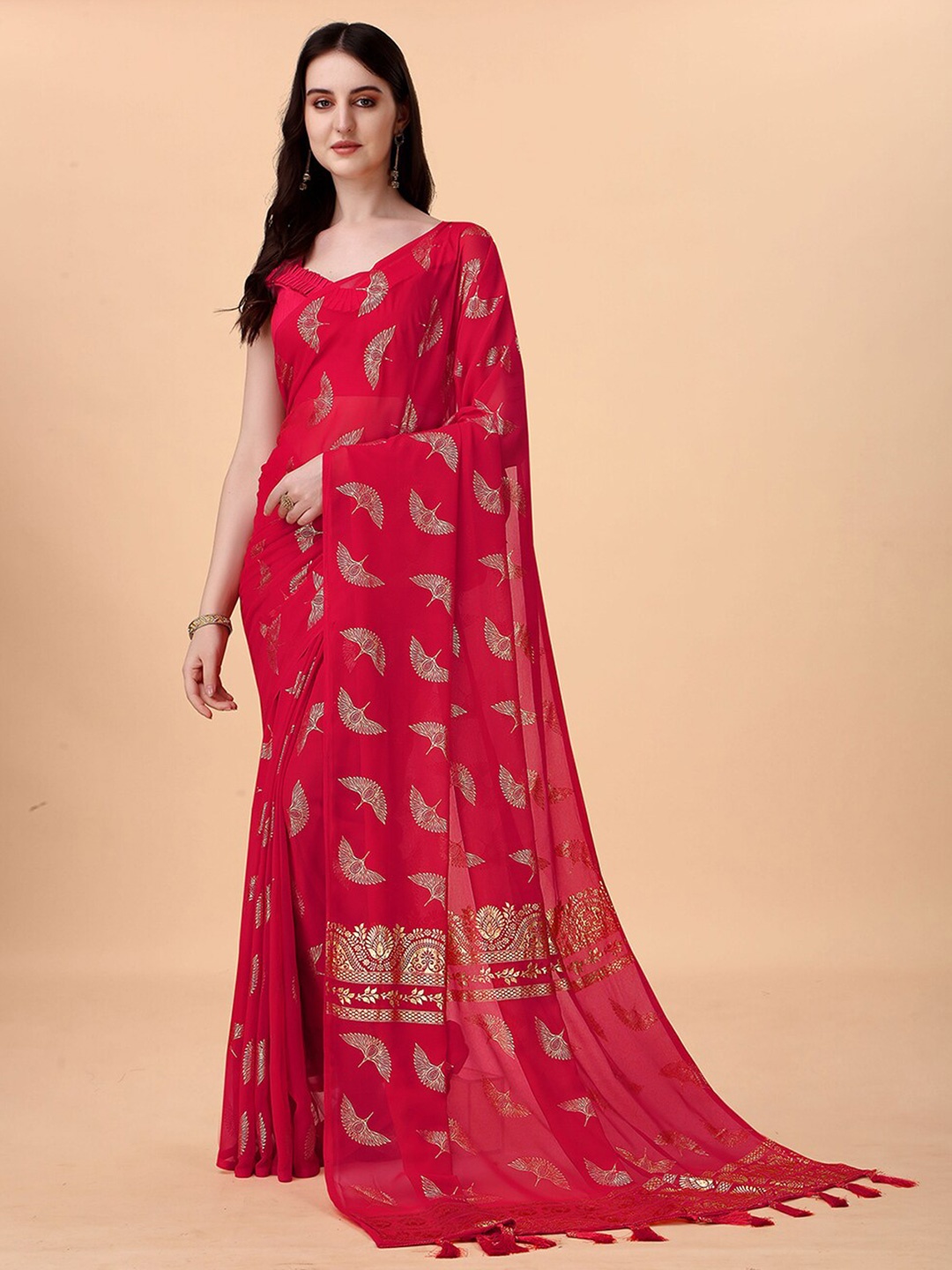 

Anjaneya Sarees Ethnic Motifs Printed Woven Design Border Zari Silk Blend Saree, Red