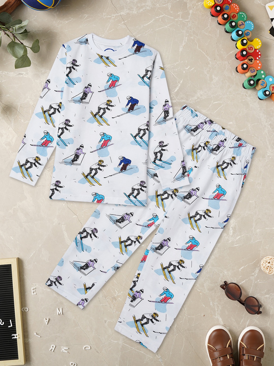 

ZION Boys Conversational Printed Pure Cotton Night Suit, Off white