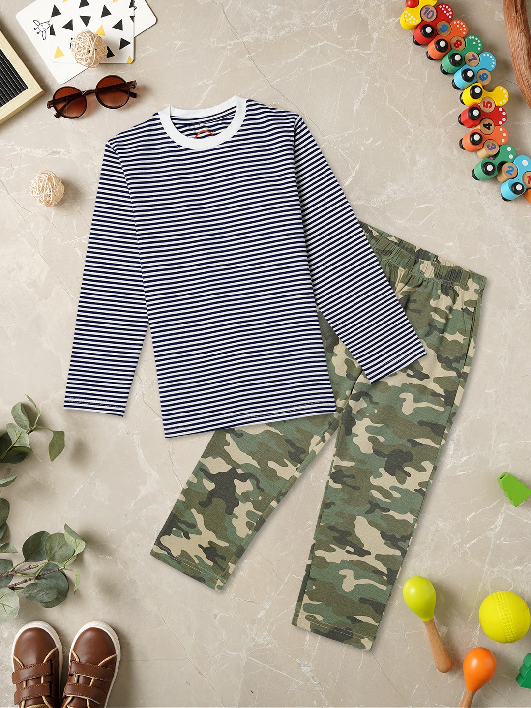 

ZION Boys Striped Pure Cotton Night Suit, Navy blue