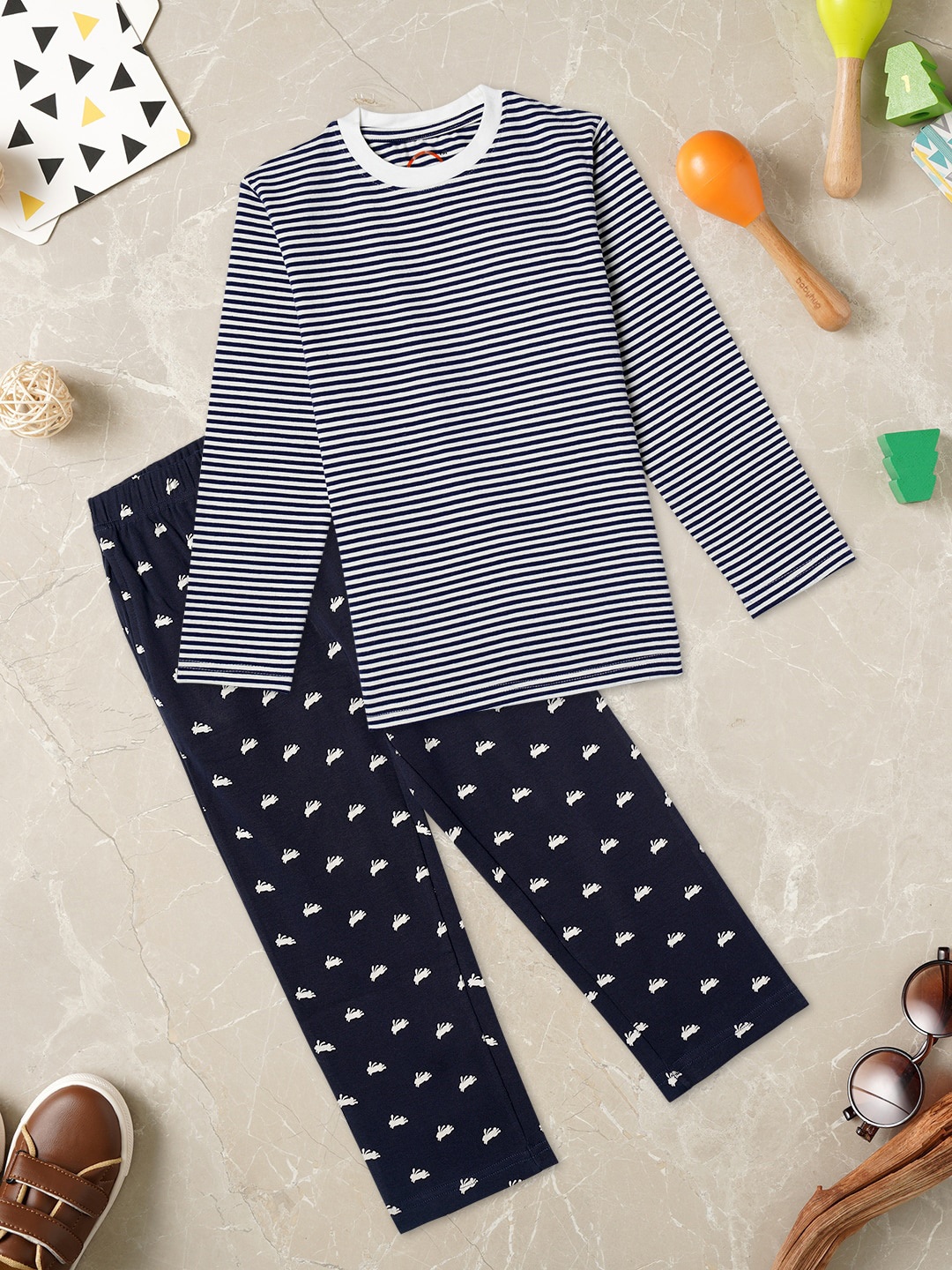

ZION Boys Striped Pure Cotton Night Suit, Navy blue