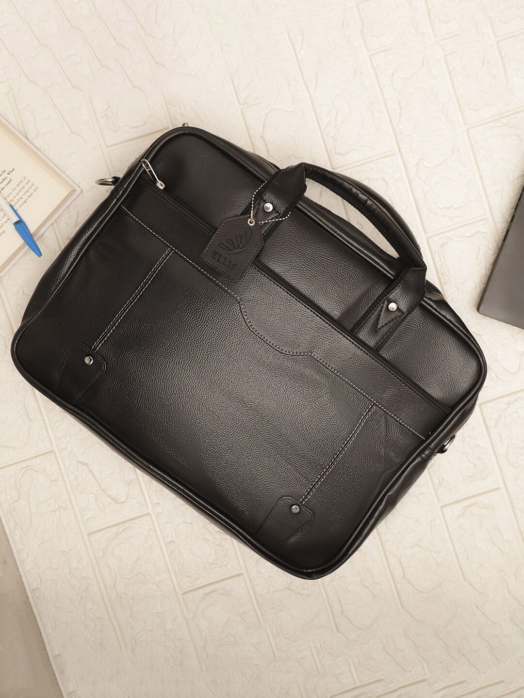 

ELLIS Men Synthetic Leather Laptop Bag With Detachable Sling Strap, Black