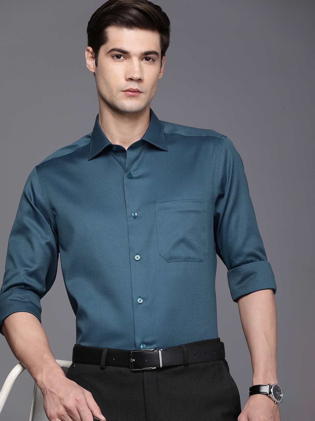 

Louis Philippe Pure Cotton Classic Self Design Textured Opaque Formal Shirt, Blue