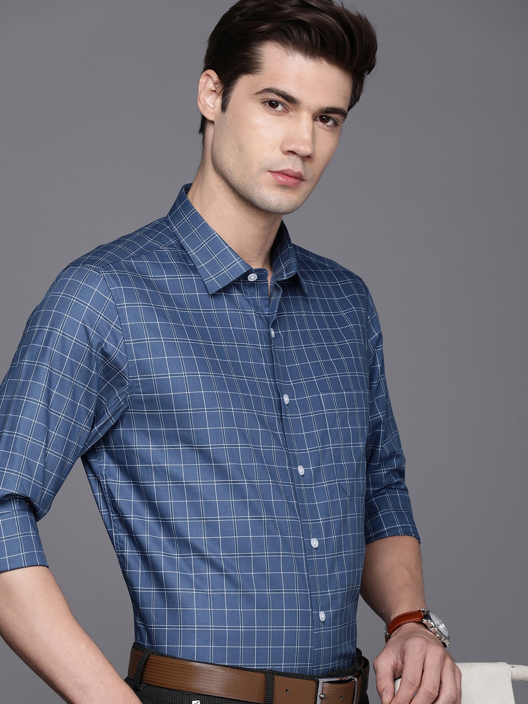

Louis Philippe Pure Cotton Slim Fit Checked Formal Shirt, Blue