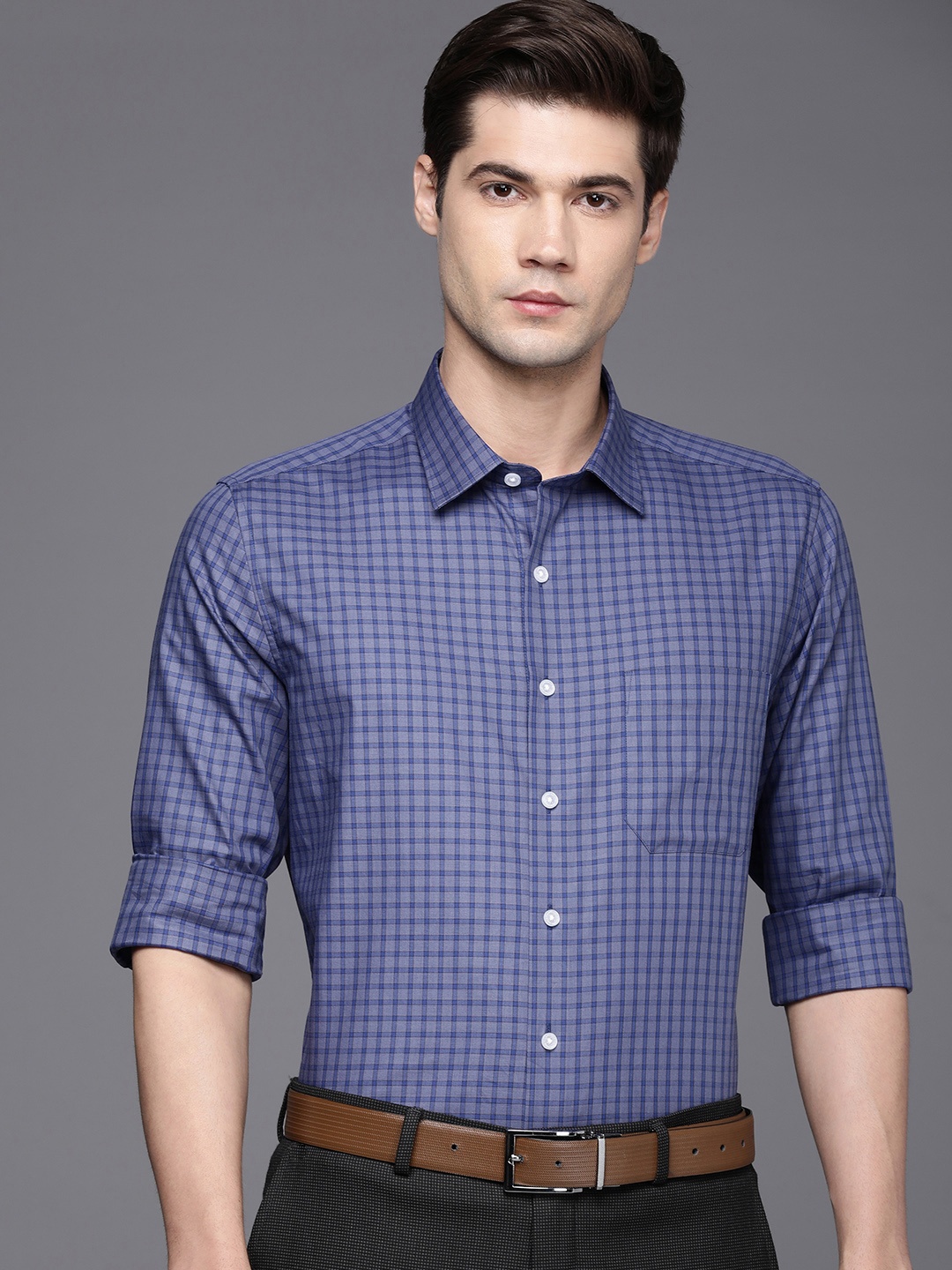 

Louis Philippe Pure Cotton Slim Fit Opaque Checked Formal Shirt, Blue