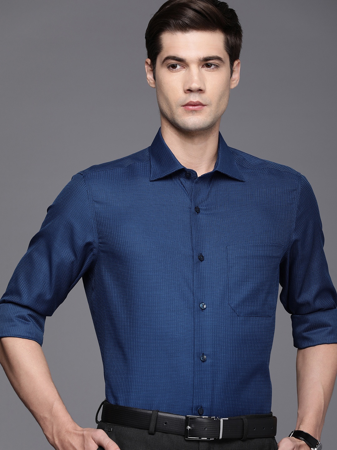 

Louis Philippe Permapress Pure Cotton Classic Self Design Textured Opaque Wrinkle Free Formal Shirt, Blue