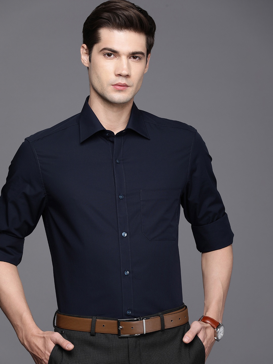 

Louis Philippe Men Pure Cotton Solid Classic Opaque Formal Shirt, Navy blue