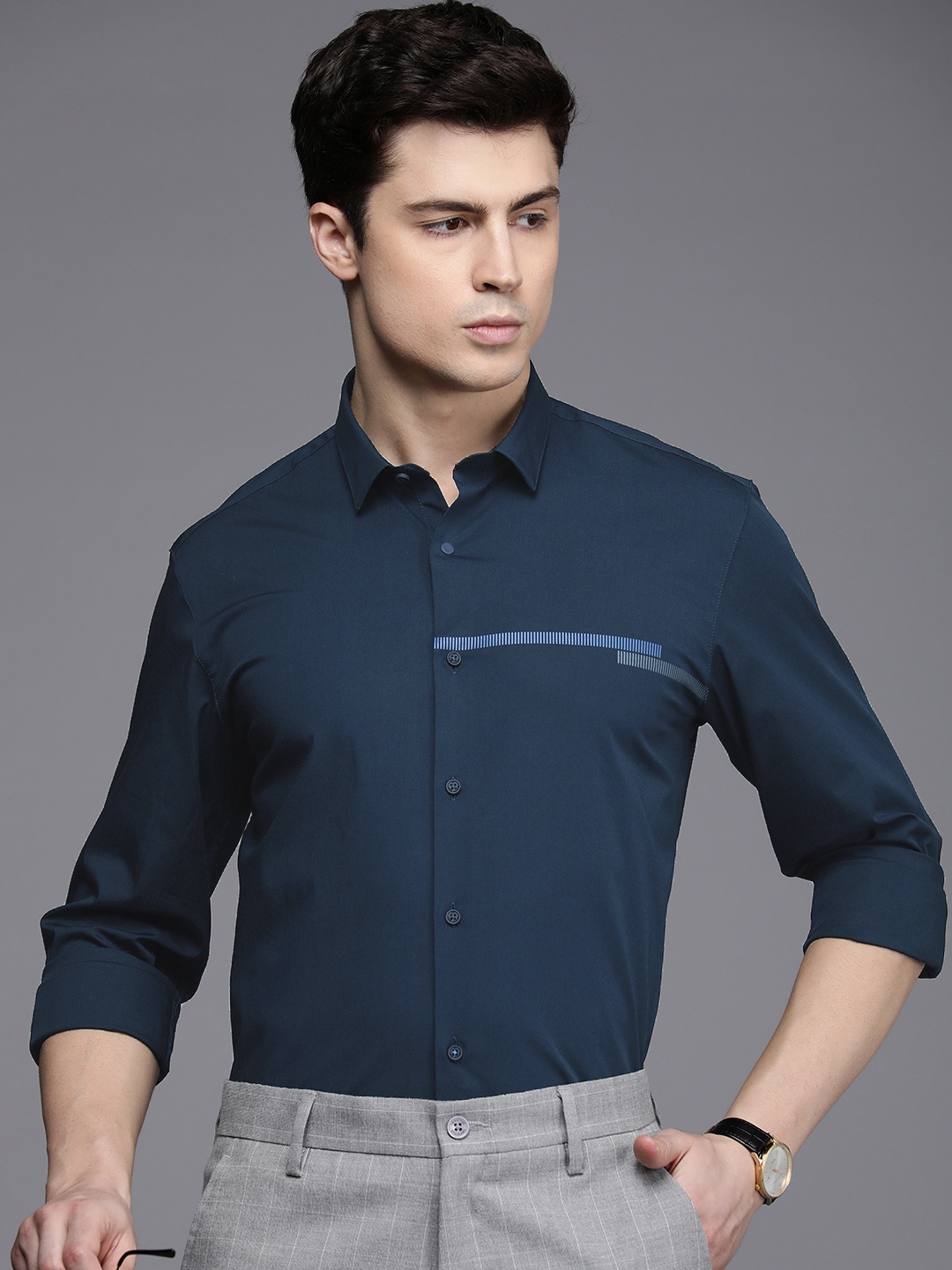 

Louis Philippe Ath Work Super Slim Fit Semiformal Shirt With Minimal Striped Detail, Navy blue