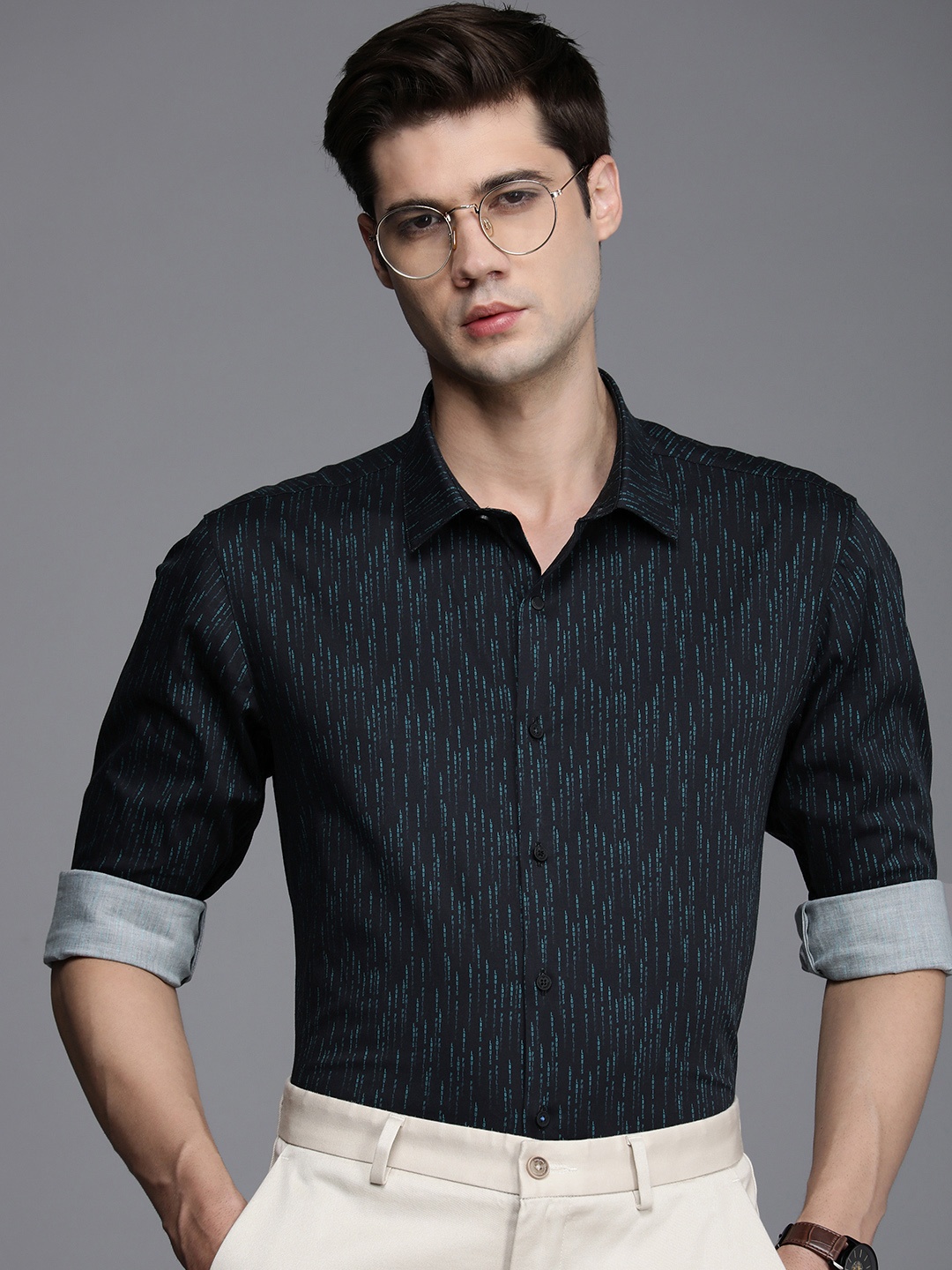 

Louis Philippe Ath.Work Men Super Slim Fit Brand Logo Printed Semiformal Shirt, Black