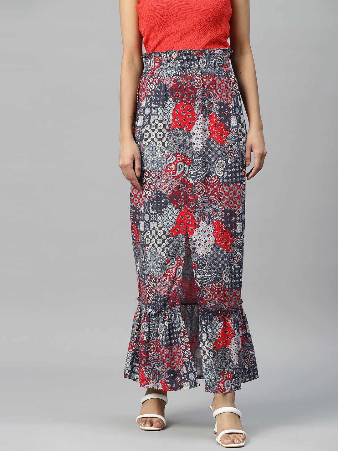 

Popnetic Patch Printed Front Slit Skirt, Multi
