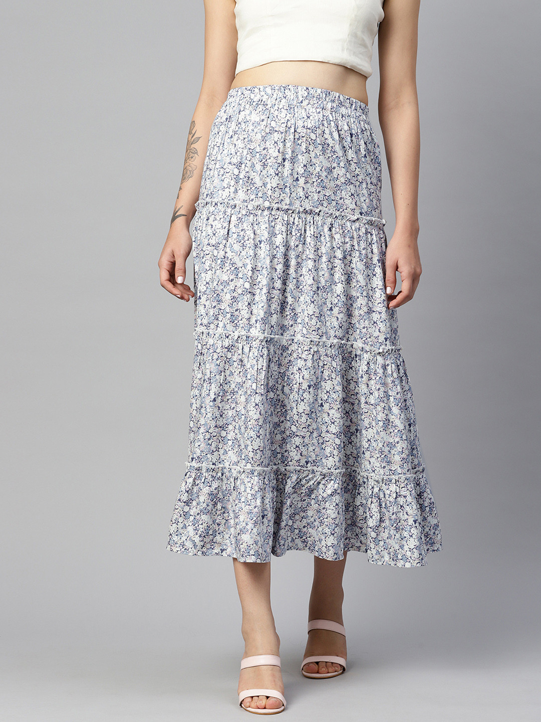 

Popnetic Floral Ditsy Printed Tiered Skirt, Blue