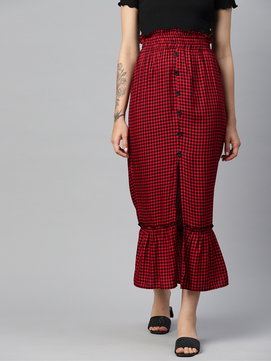 

Popnetic Gingham Checks Front Slit Skirt, Red