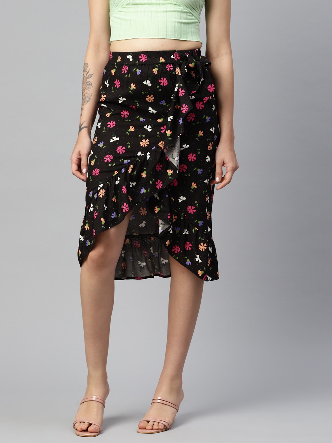 

Popnetic Floral Printed Wrap Skirt, Black