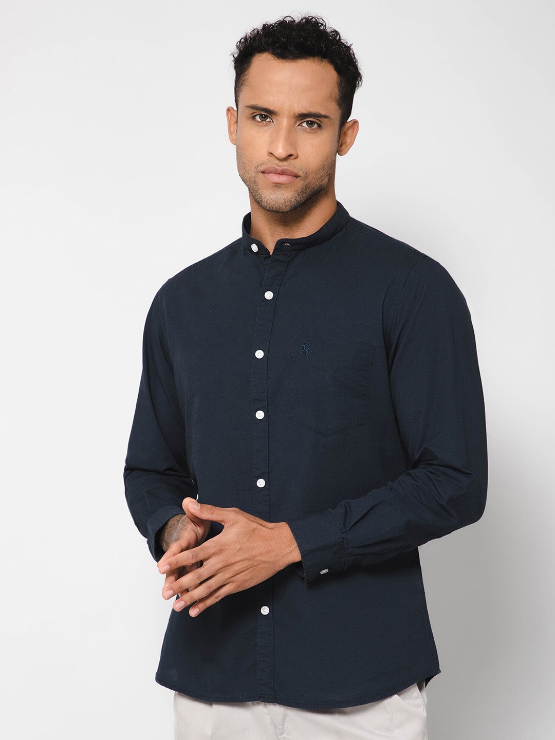 

Cantabil Men Cotton Mandarin Collar Opaque Casual Shirt, Navy blue