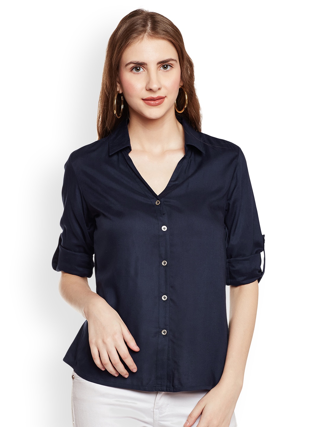 

WISSTLER Women Navy Blue Standard Regular Fit Solid Casual Shirt