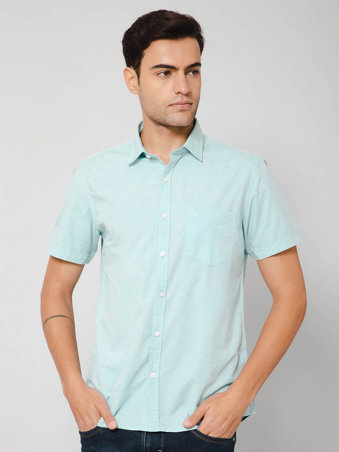 

Cantabil Spread Collar Short Sleeves Comfort Cotton Casual Shirt, Turquoise blue