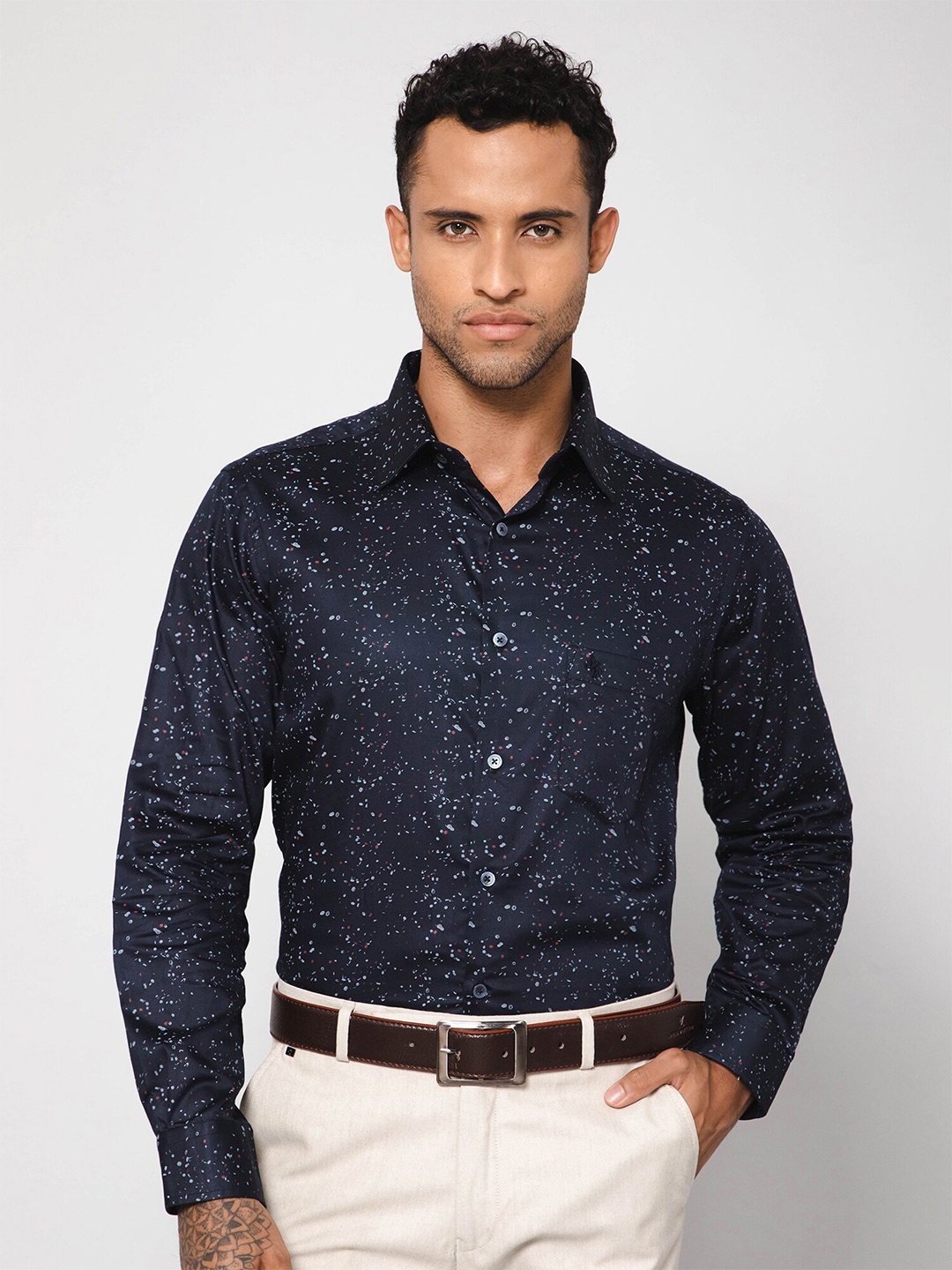 

Cantabil Opaque Micro Ditsy Printed Cotton Formal Shirt, Navy blue