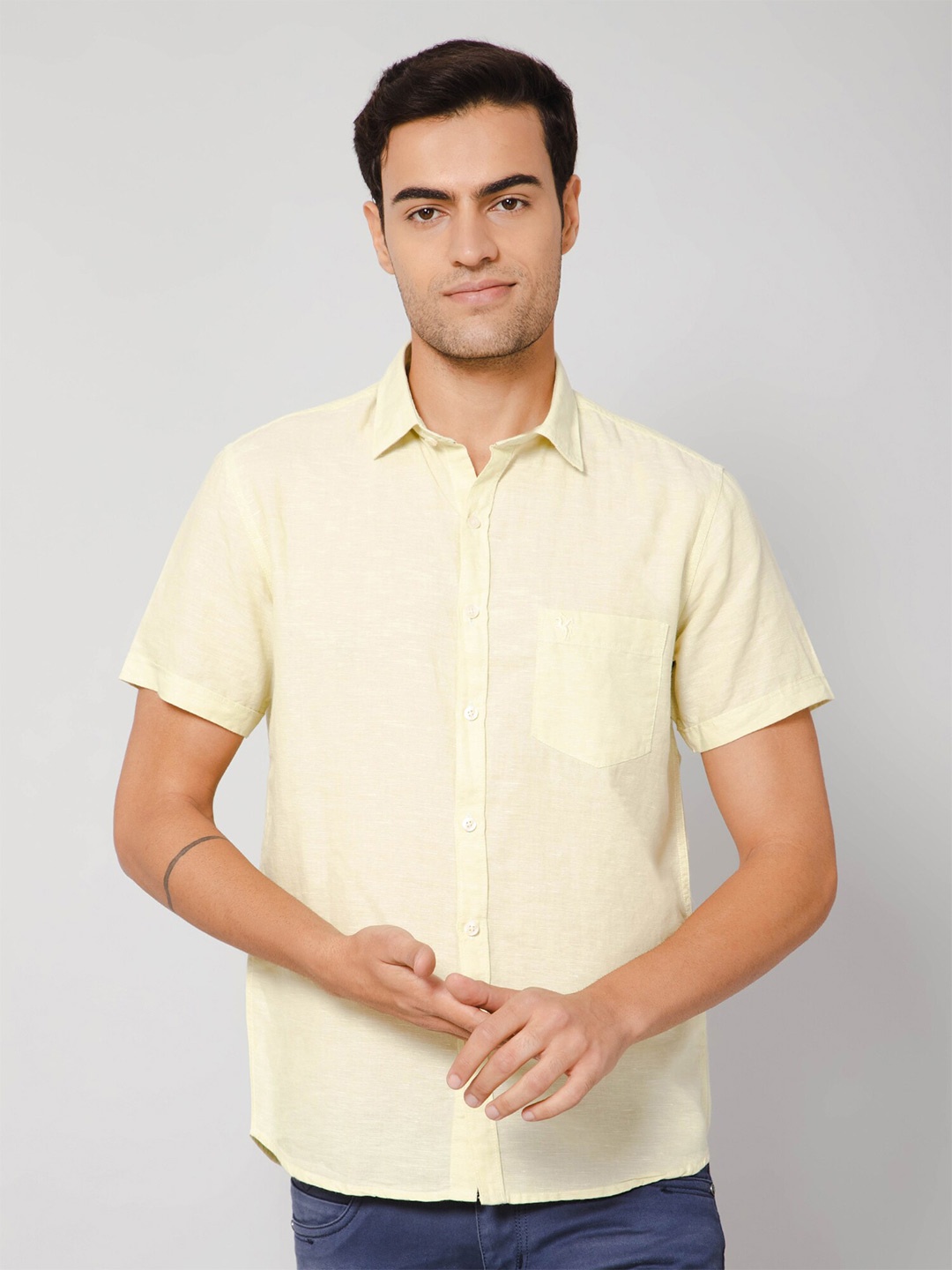 

Cantabil Regular Fit Pure Cotton Short Sleeves Casual Shirt, Yellow