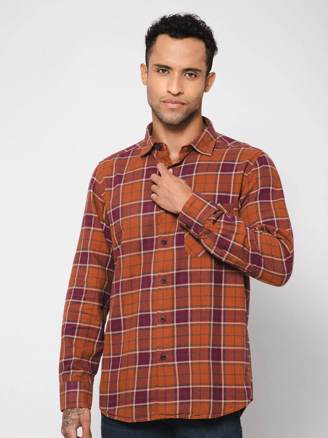 

Cantabil Tartan Checked Spread Collar Long Sleeves Cotton Casual Shirt, Red
