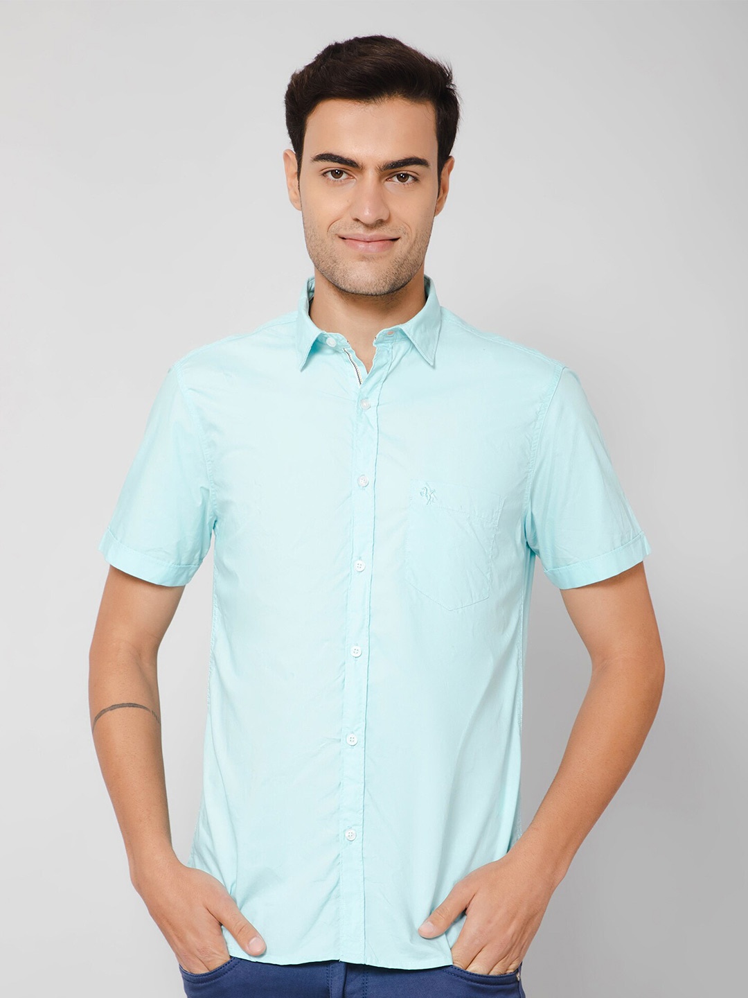 

Cantabil Patch Pocket Spread Collar Cotton Casual Shirt, Turquoise blue