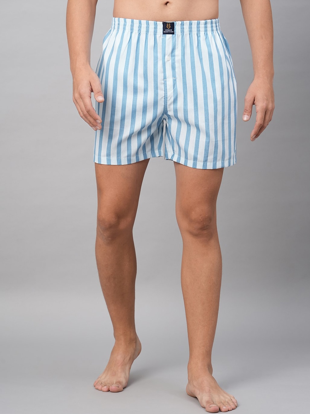 

URBAN SCOTTISH Men Striped Pure Cotton Boxer Shorts USBX007_New, Turquoise blue