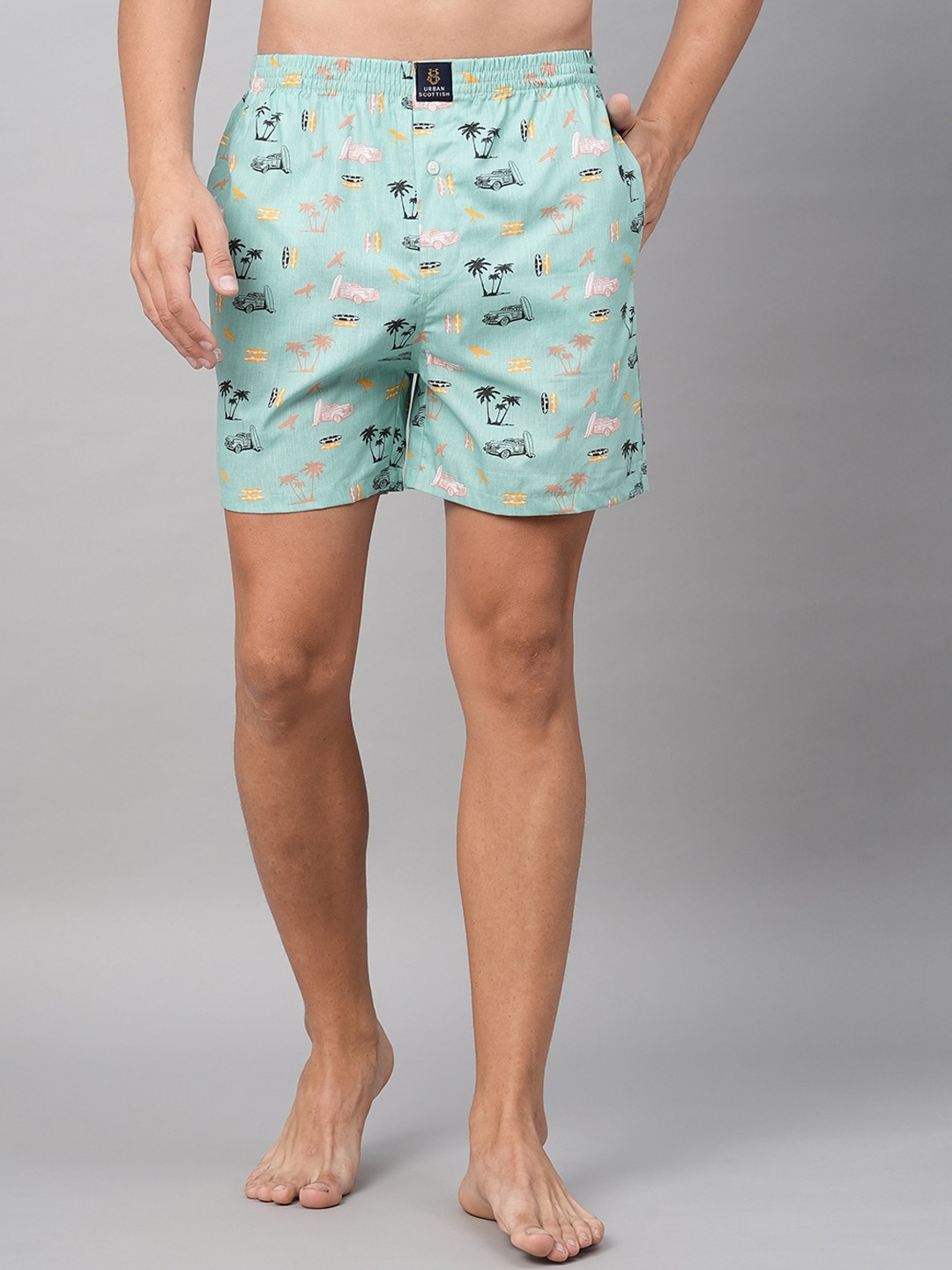 

URBAN SCOTTISH Men Printed Pure Cotton Boxer Shorts USBX004_New, Turquoise blue