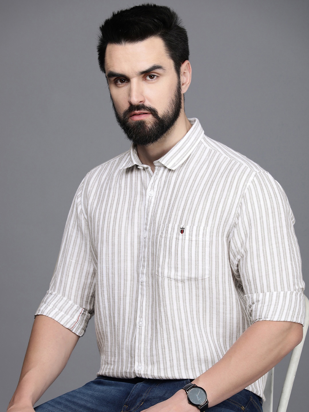 

Louis Philippe Jeans Men Linen Cotton Slim Fit Striped Casual Shirt, Grey