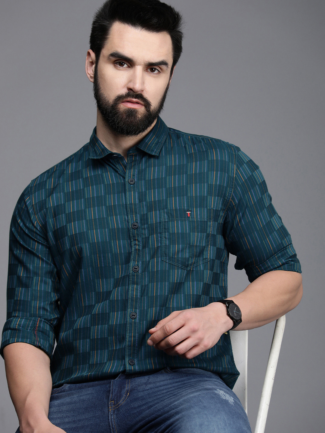 

Louis Philippe Jeans Men Super Slim Fit Checked Casual Shirt, Teal