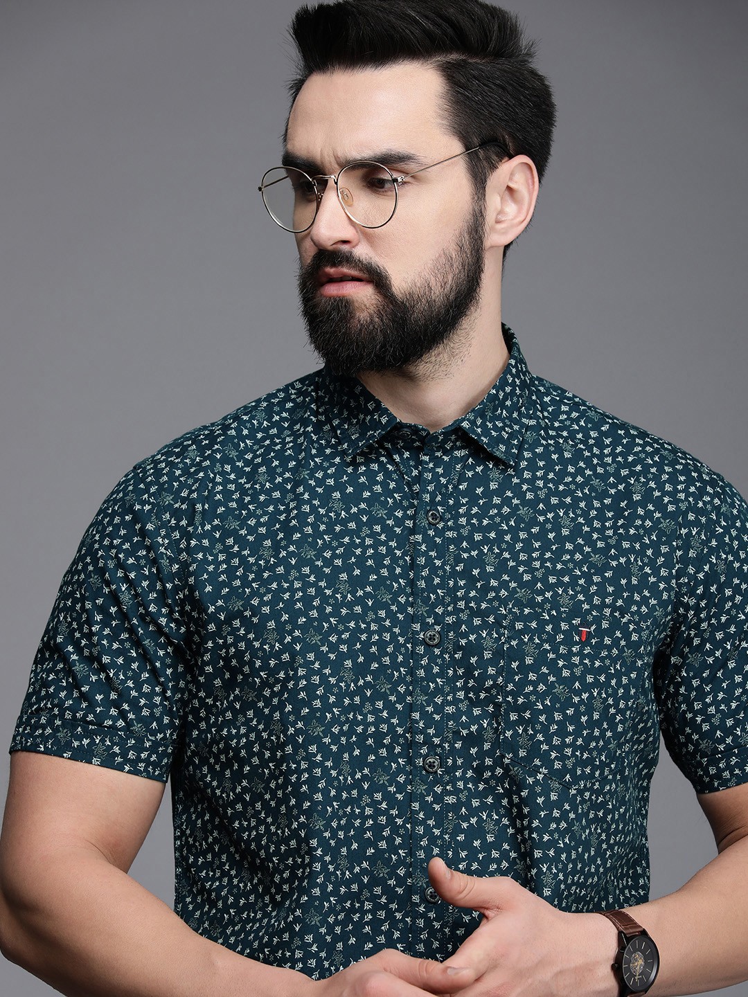 

Louis Philippe Jeans Slim Fit Floral Printed Pure Cotton Casual Shirt, Teal