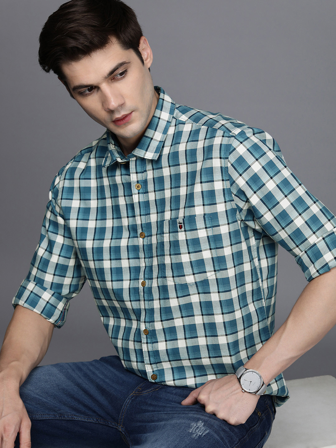 

Louis Philippe Jeans Slim Fit Checked Pure Cotton Casual Shirt, Teal